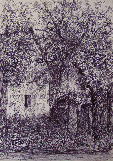 Tihanyi házak. A képen tollar rajzolt tihanyi épületek láthatóak, körülöttük fák, bokrok. 